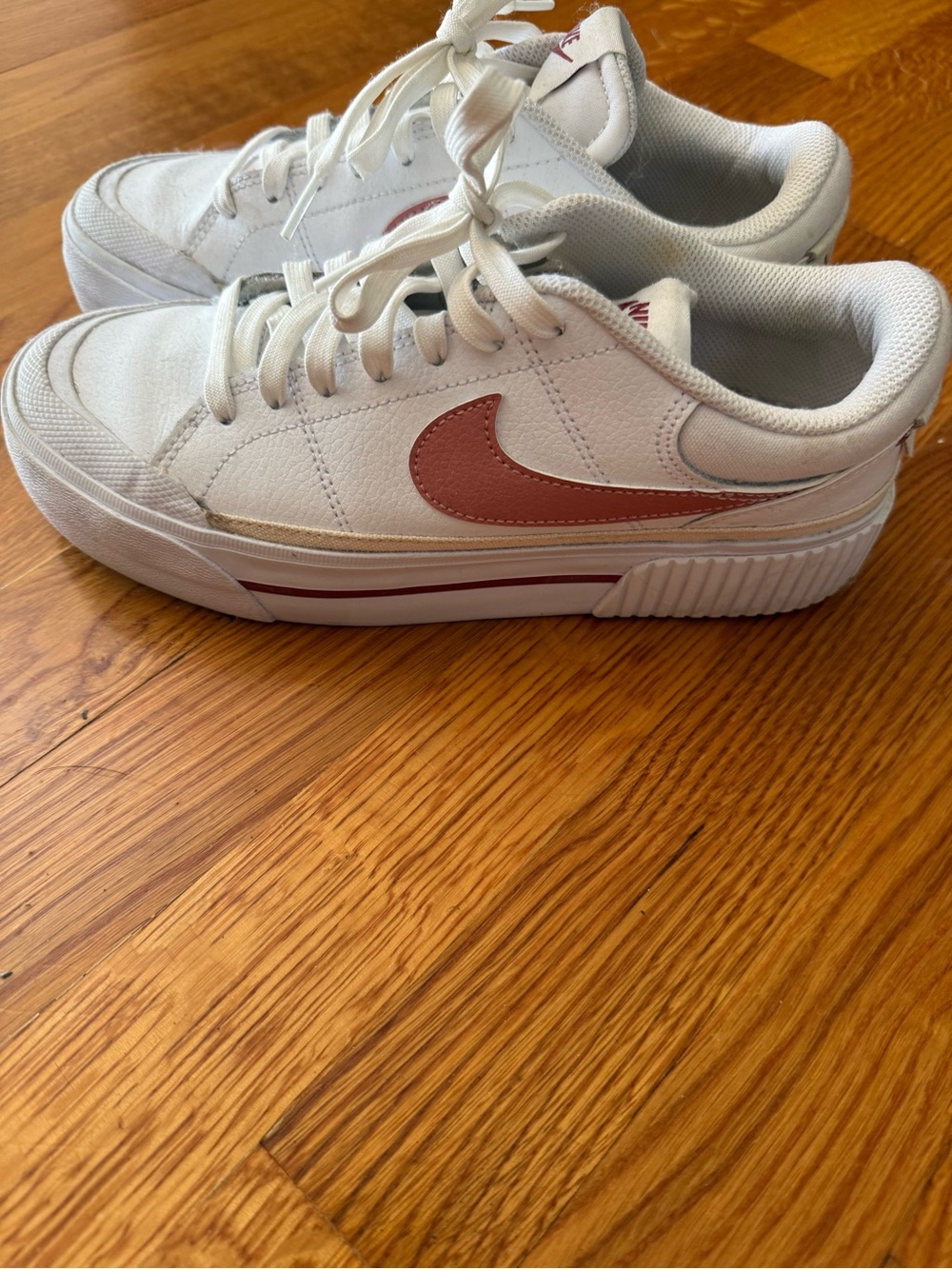 Nike Woman’s Court legacy lifts  White Sneakers with Dusty Rose Swoosh